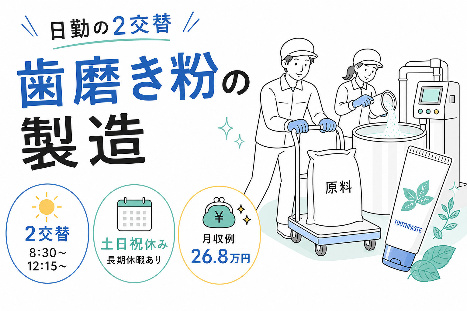 明石市／日勤の2交替・土日祝休み／男性活躍中／歯磨き粉の原料を運搬・投入 イメージ1