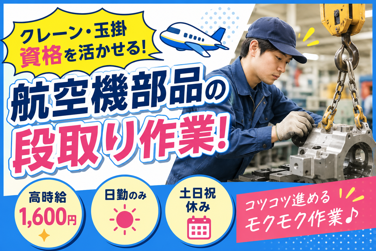 小野市／日勤／時給1600円／玉掛・クレーン資格活かして航空機部品の製造 イメージ1
